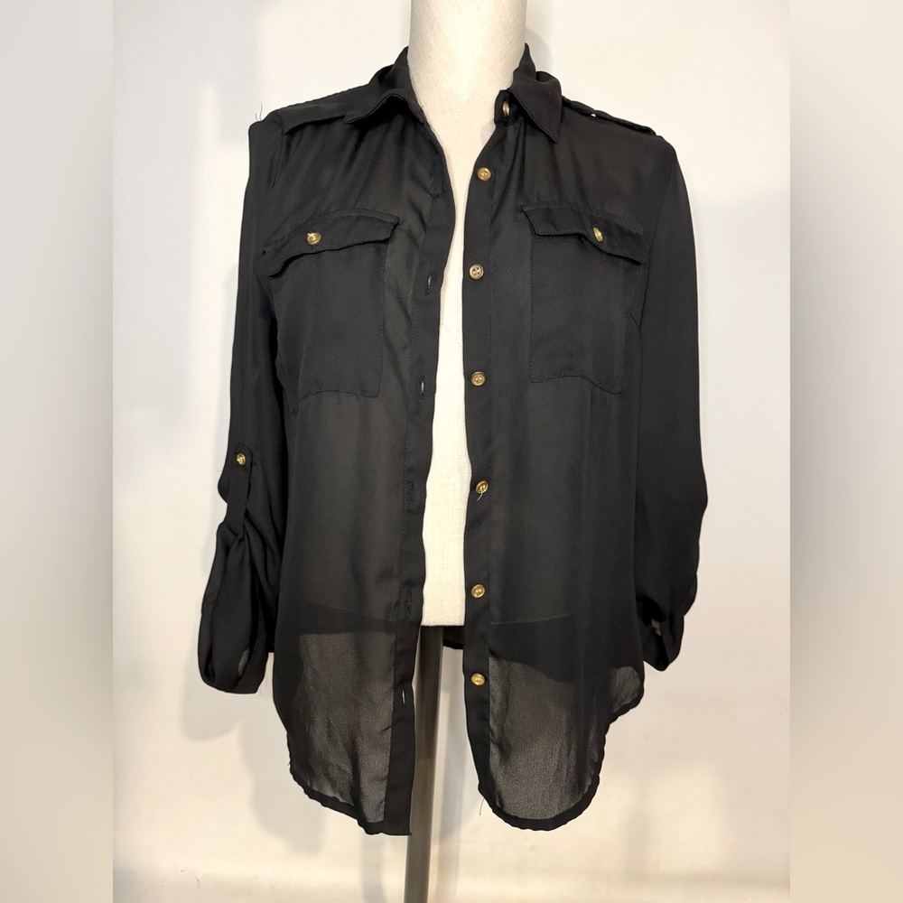 Paper Tee Black 3/4 Sleeve Button Down Shirt